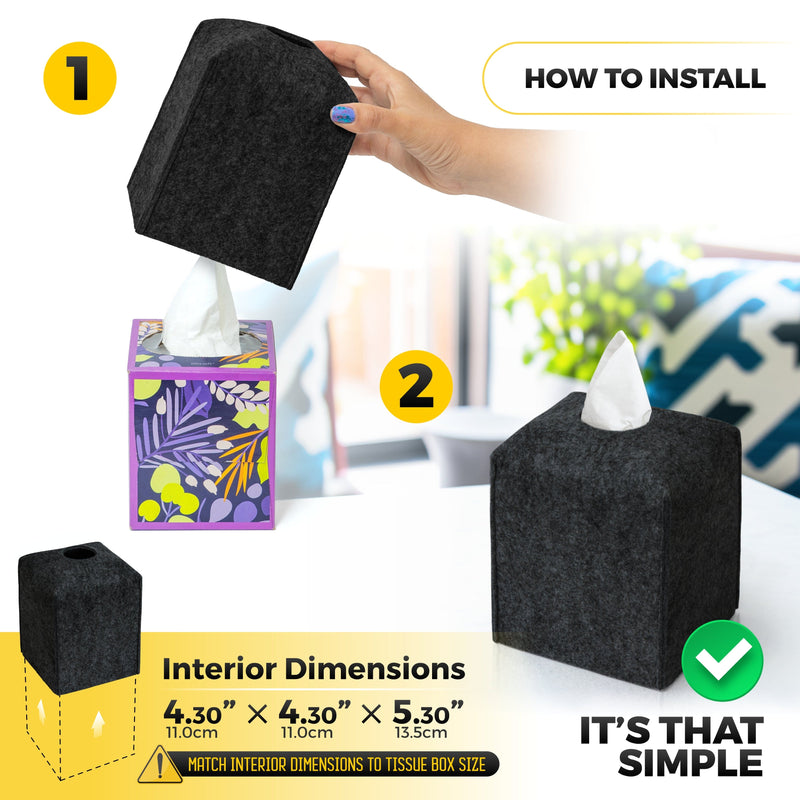 Square Felt Tissue Box Covers - 2 Pack - Black
