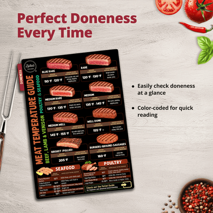 Meat Smoking Guide Magnet Set - 4-Side Meat Temperature Chart with Smoking Time, Wood Pairing & Internal Temp
