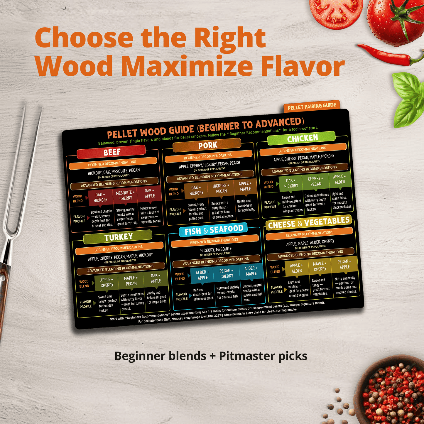 Meat Smoking Guide Magnet Set - 4-Side Meat Temperature Chart with Smoking Time, Wood Pairing & Internal Temp