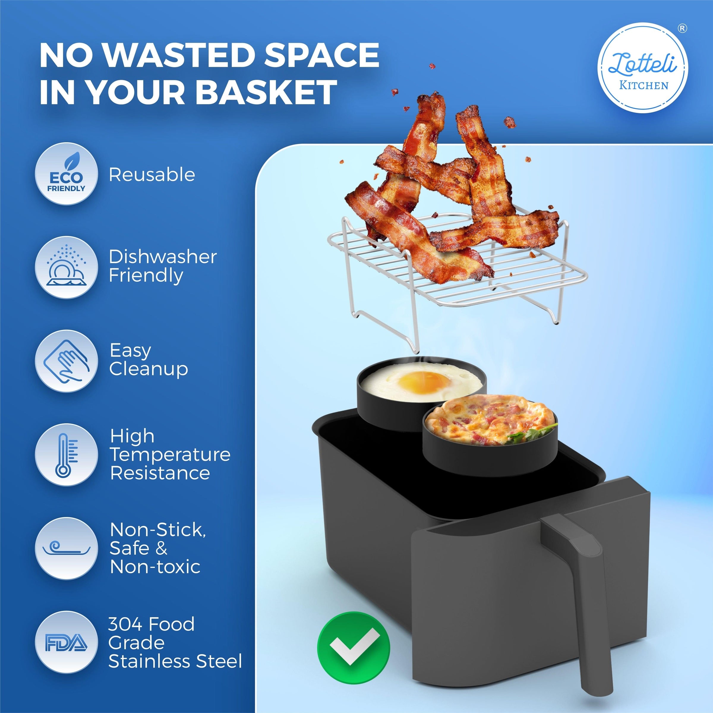 LOTTELI Kitchen Air Fryer Rack Mini Pans for Double Basket Air Fryers 304 Stainless Steel Multi Layer Rack Air Fryer Accessories Non Stick Mini