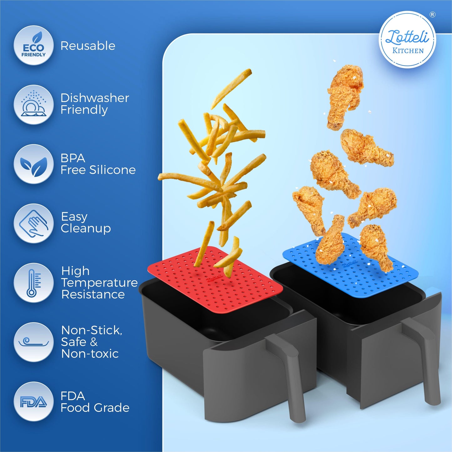 Reusable Silicone Rectangle Liners - Made for Dual Basket Air Fryers